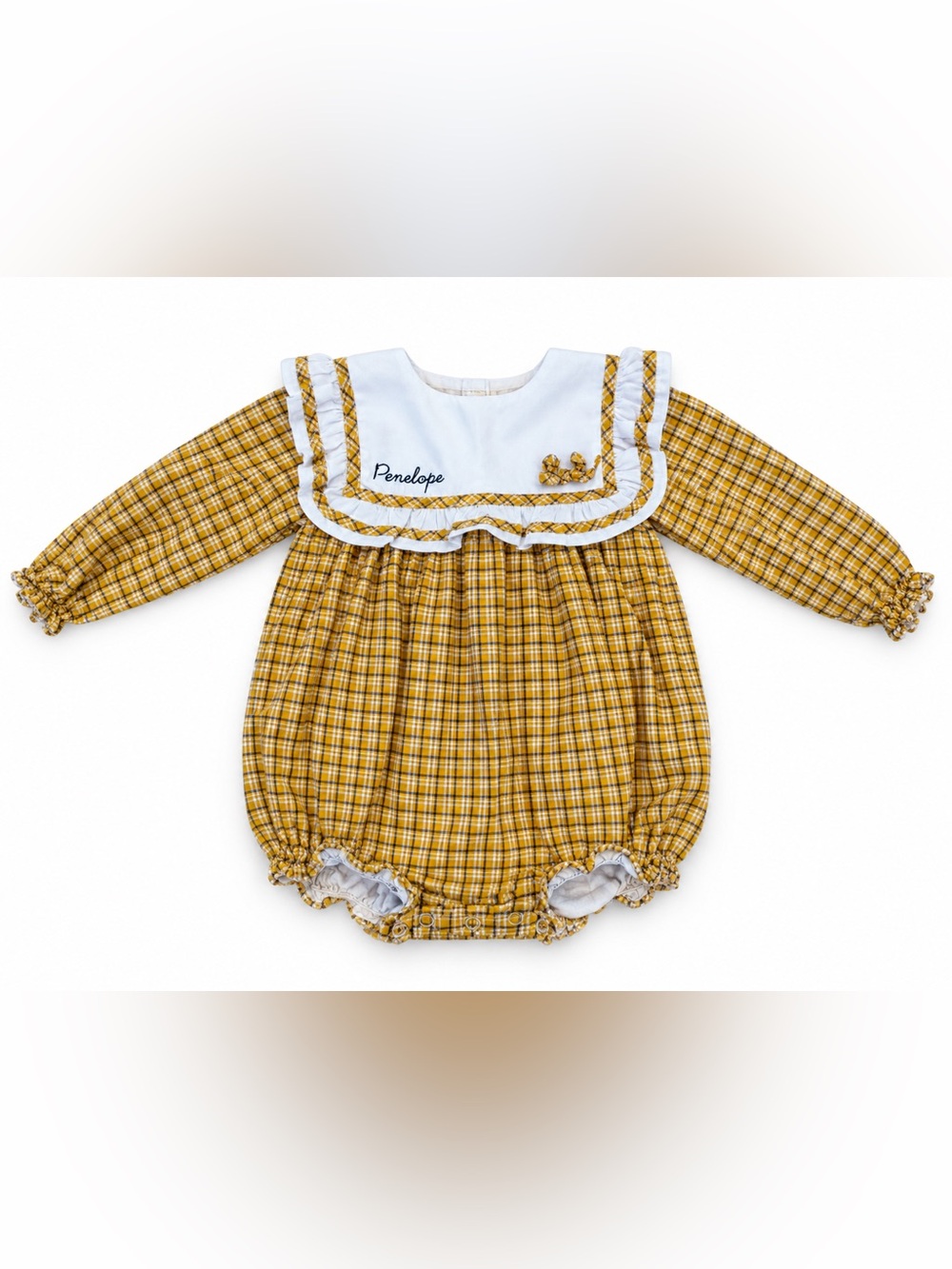 Penelope Mustard Plaid Baby One-Piece with White Bib